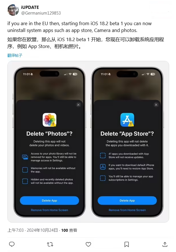 椰林镇苹果手机维修分享iOS 18.2 支持删除 App Store 应用商店 