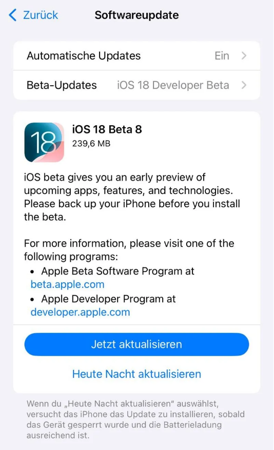 椰林镇苹果手机维修分享苹果 iOS / iPadOS 18 开发者预览版 Beta 8 发布 